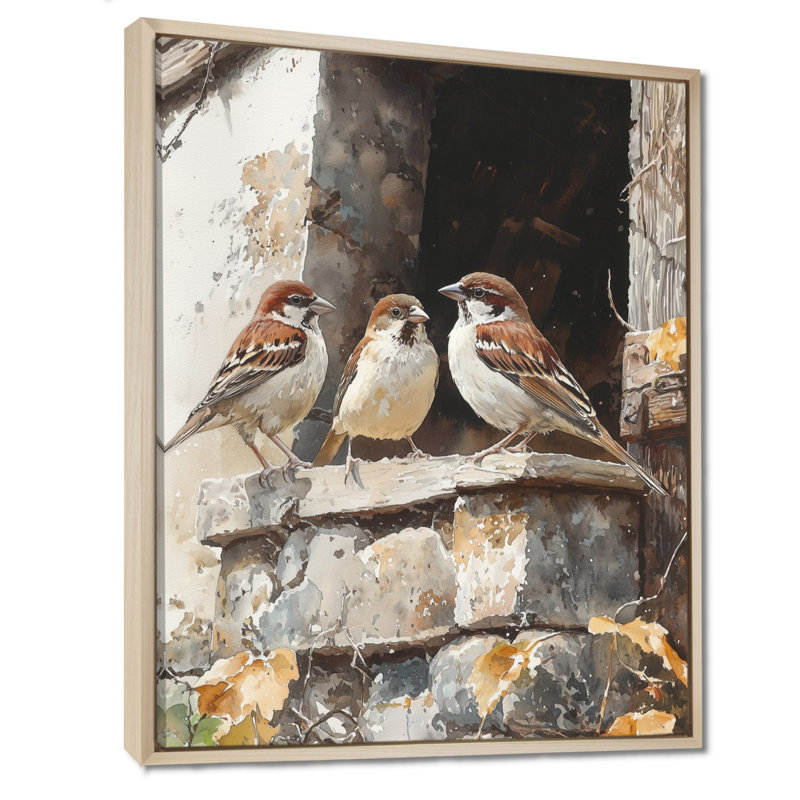 Sparrows Birds In The Farmyard III - Art mural oiseau, H 20 po x l 12 po, Reproduction avec cadre flottant, Crème, crème