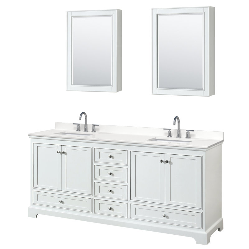 Ensemble de meuble-lavabo double autoportant 80 po avec plateau en quartz Deborah, Quartz blanc, Blanc, Chrome poli
