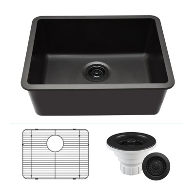 Évier de cuisine en quartz 23 po x 18 po, évier simple, évier encastré, évier de cuisine en granite, avec grilles en acier et crépine