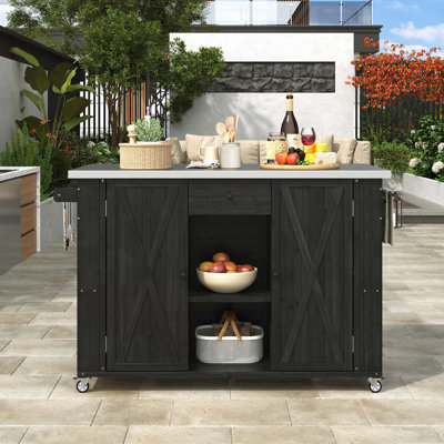 Outdoor Kitchen Island Table with Towel and Spice Racks and a Bottle Opener for Outdoor