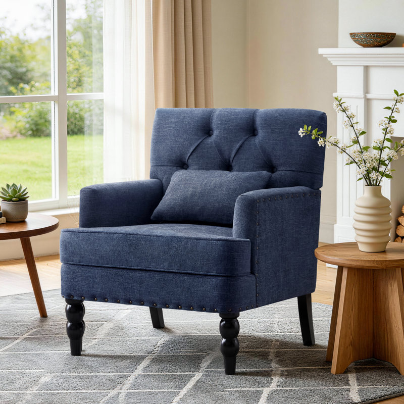 Fauteuil capitonné en polyester H 29 po avec garniture cloutée et coussin HIMO, Mélange de polyester bleu