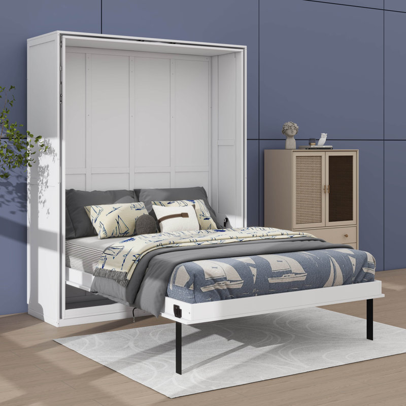 Grand lit escamotable rotatif et peu encombrant avec sections de rangement dissimulées, Blanc