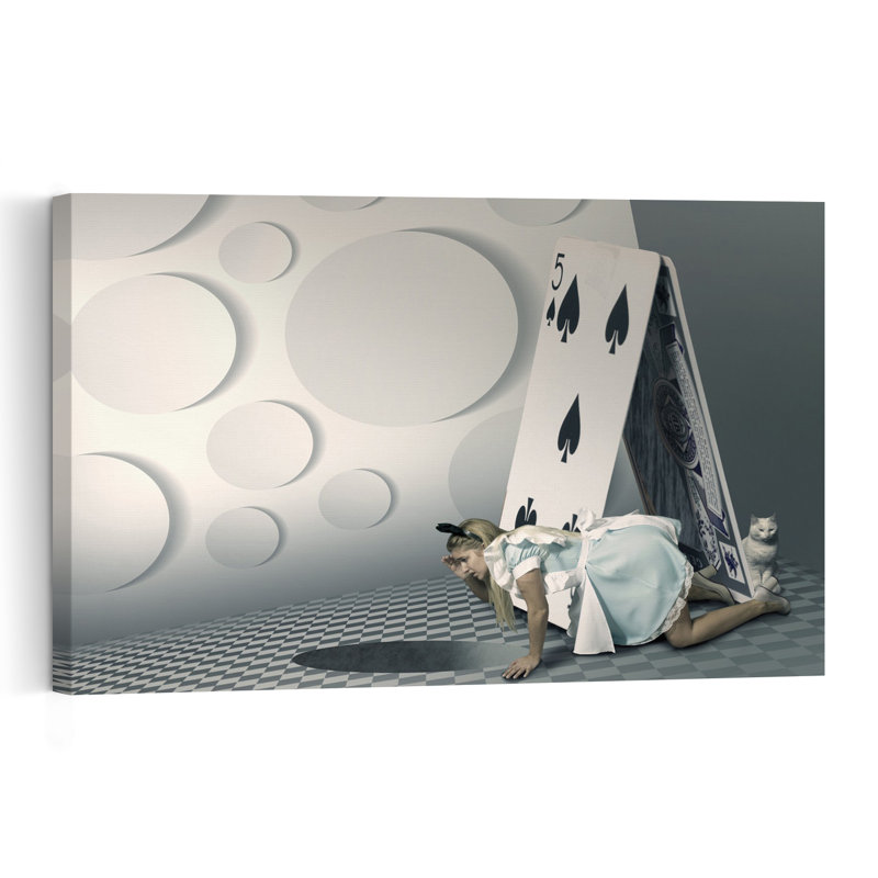 Alice'S Curious Journey Surreal Whimsical Contemporary Cat Rabbit Wall Art Print 1 Piece Wrapped Canvas Wall Art