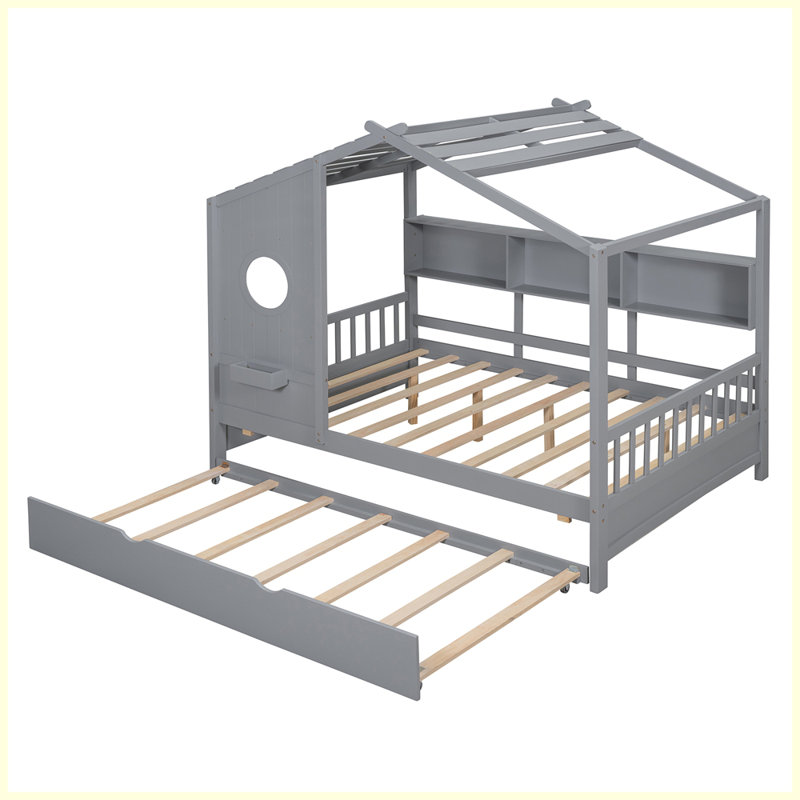 Lit moderne en bois avec lit gigogne et rangement, Gris, Double