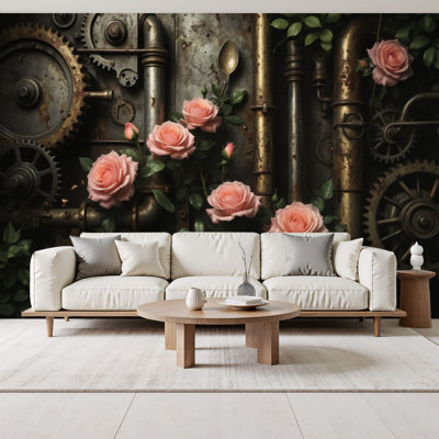 Papier peint à peler et coller roses roses qui poussent parmi les engrenages Steampunk Murales de tuyaux en métal rouillé H 69 po x l 96 po, papier mural amovible en PVC auto-adhésif pour chambre à coucher, bureau à domicile