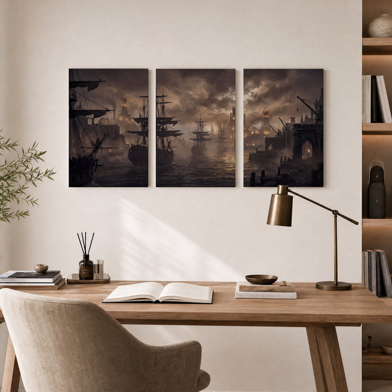 Ensemble de 3 toiles murales représentant des voiliers en silhouette dans un port brumeux, 36"H x 24"W x 3pcs