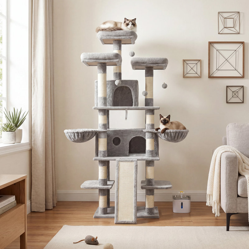 Arbre à chat 68 po à plusieurs niveaux avec condos, poteaux à griffer et paniers suspendus, conception anti-basculement, Gris