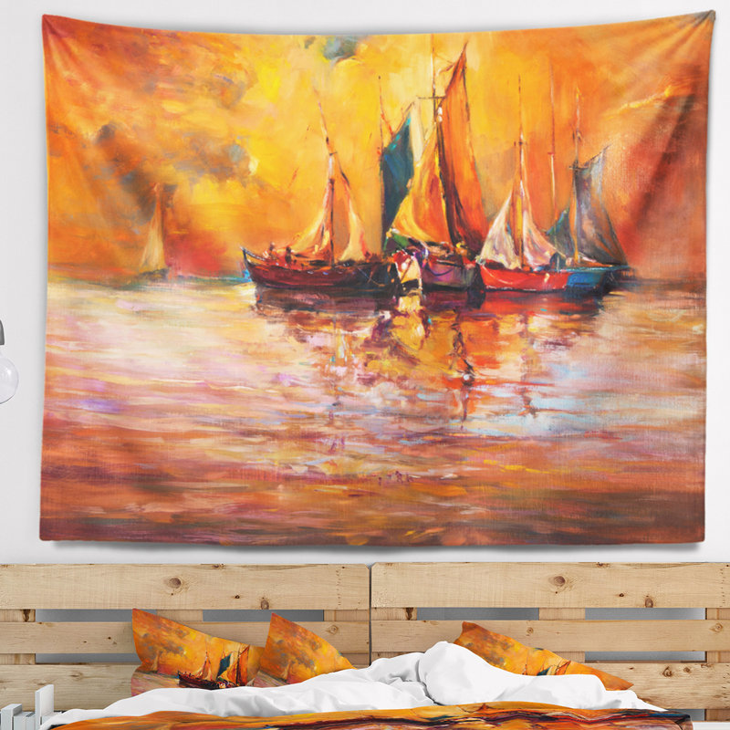 Paysage marin et océan en tapisserie rouge, H 68 po x l 80 po
