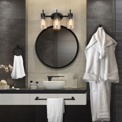 5-Piece All-In-One Matte Black Bathroom Kit With 19" 3-Light Vanity Light And Seeded Glass Shades
