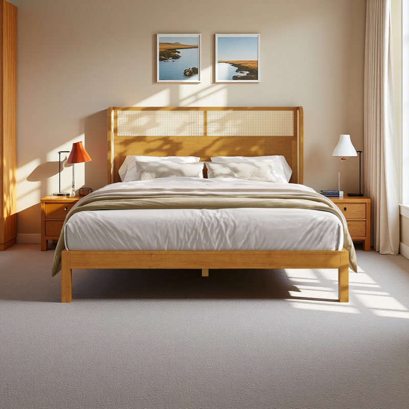 Cadre de lit plateforme en bois d'hévéa de qualité supérieure, avec tête de lit incluse, lit Mid-Century moderne, Grand lit