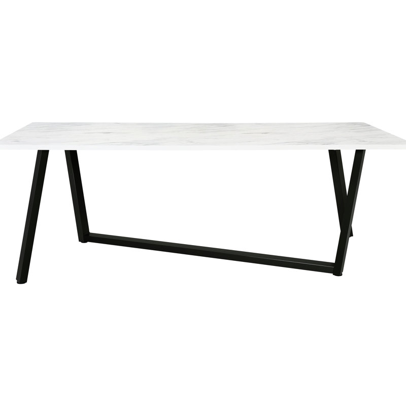 Table de salle à manger rectangulaire contemporaine en faux marbre blanc, pieds asymétriques en bronze, sièges de cuisine de 6 po, 6 po de largeur