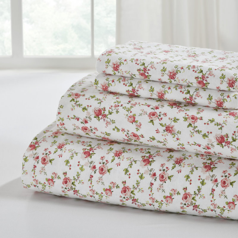 Ensemble de draps en flanelle 100% coton 4 pièces Modern Soft - doux et durable pour toutes les saisons, Floral Mariah