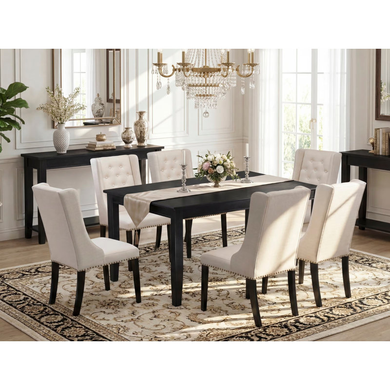 7 Piece Dining Room Table Set Consist of a Rectangle Wooden Table and 6 Cream Linen Fabric Upholstered Parson Chairs, Black