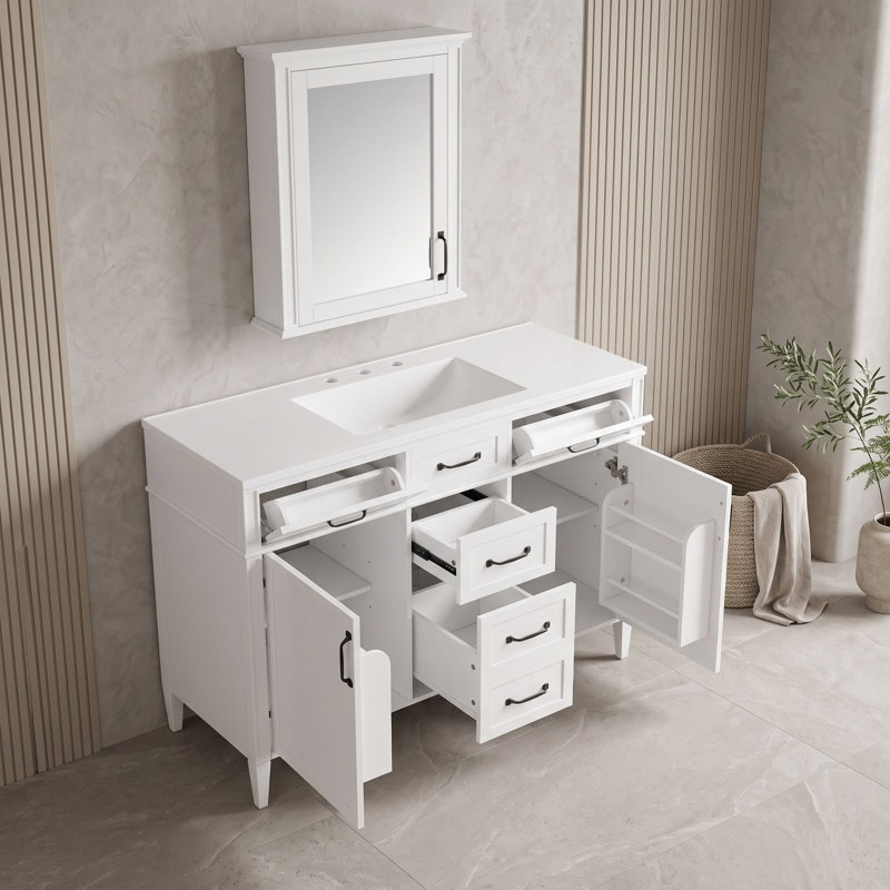 Meuble-lavabo de salle de bain avec comptoir en composite, 4 tiroirs, 2 portes à fermeture douce et tablettes réglables