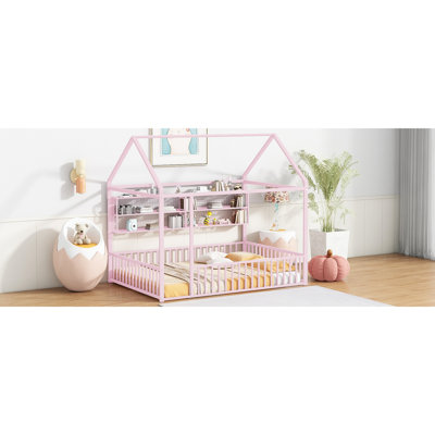 Lit en métal rose avec clôture et tablettes - Taille double, maximisant l'espace de la chambre à coucher pour créer une ambiance intérieure élégante