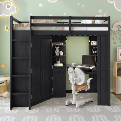 Lit mezzanine en bois Sayer avec garde-robe, bureau, station de charge et projecteurs réglables