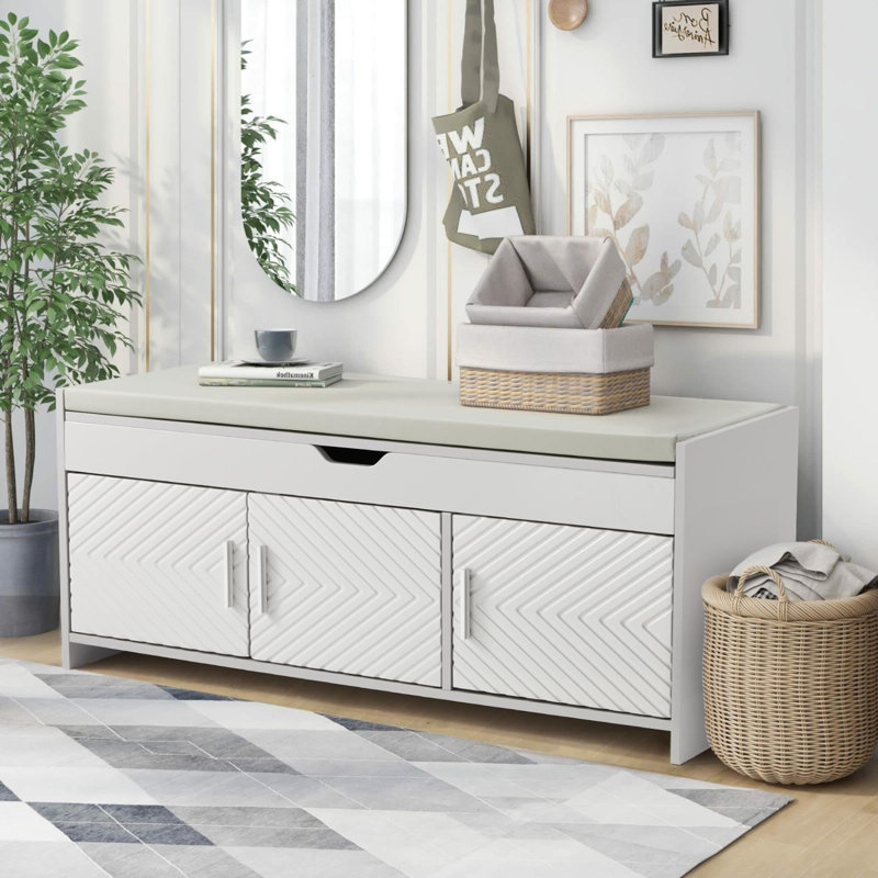 Shoe Storage Bench, Wooden Entryway Bench with Cushioned Seat, Light Gray