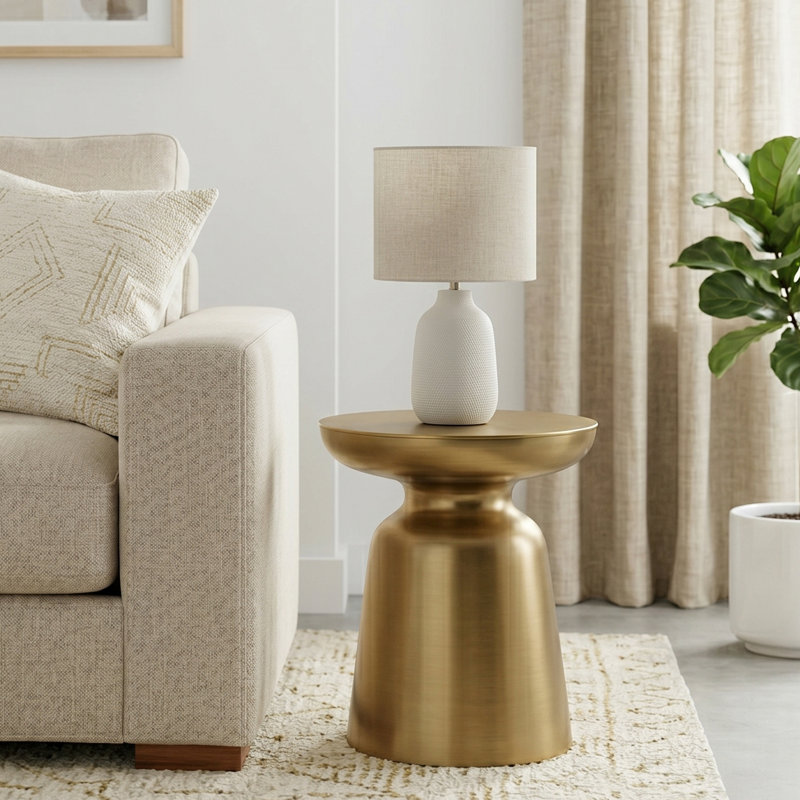 17"W Round Industrial Metal Accent Table with Sculptural Design, Gold