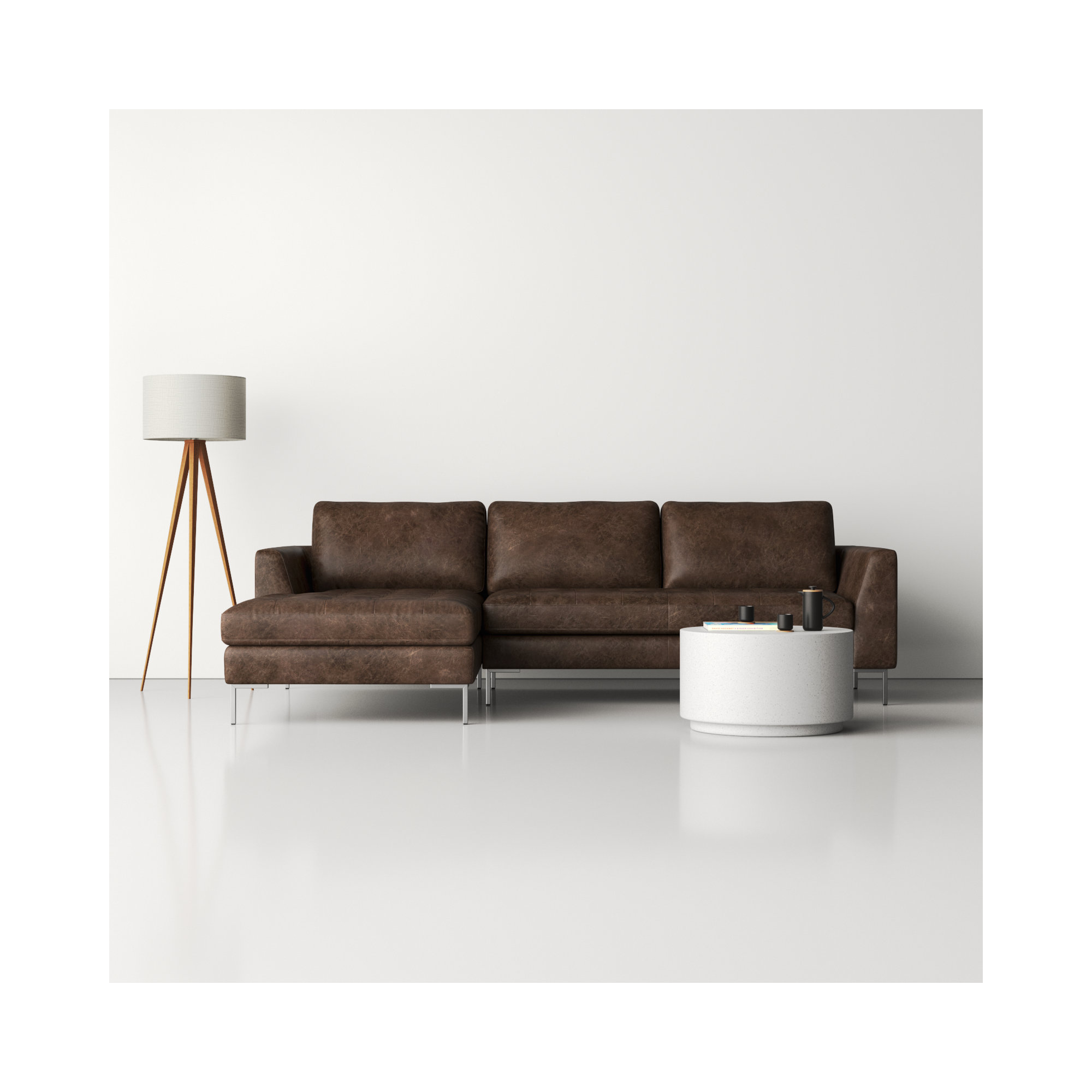  Full-Grain Genuine Italian Leather Sectional Sofa, Brown Stone Full Grain Leather, Black, Left Hand Facing
