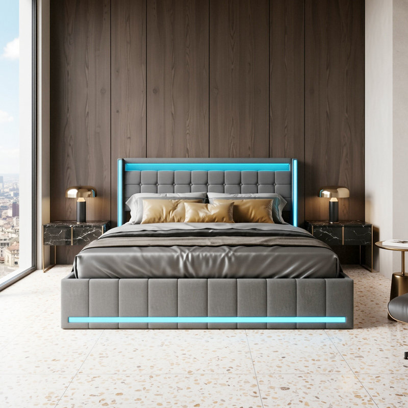 Storage Bed With 4 Drawers, USB Ports & LED Lights, Linen Upholstered Wingback Bed Frame, Grey & Beige, Grey