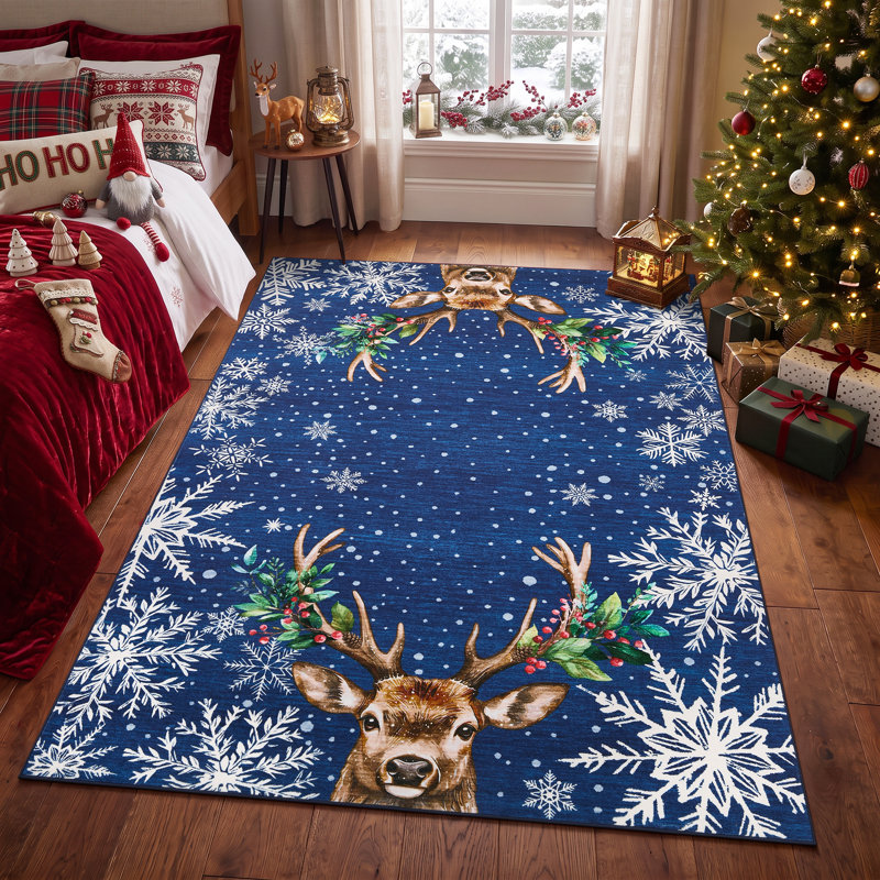 Tapis de Noël à motifs de rennes et de flocons de neige, antidérapant, antitache, lavable à la machine, pliable, idéal pour la décoration intérieure des fêtes de fin d'année.