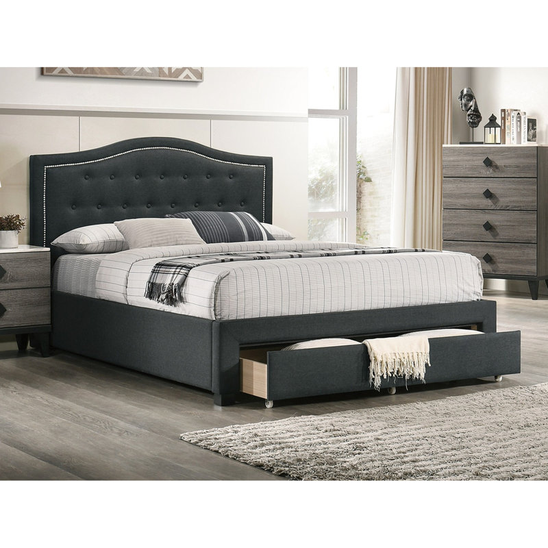 Lit simple avec tête de lit arquée et revêtement en toile de jute de couleur grise bouton de rangement en tissu, Twin, Gray