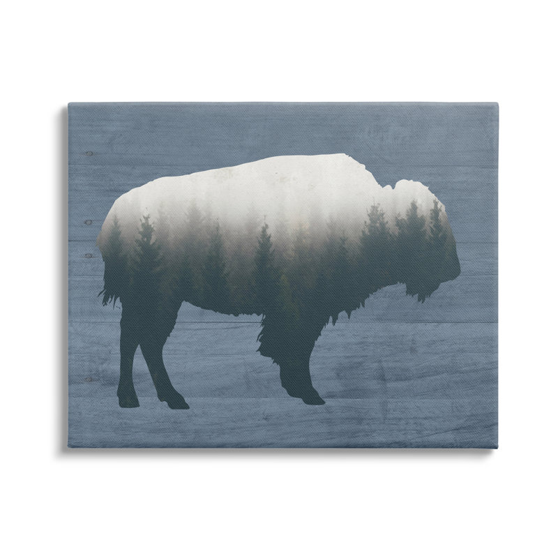 " Rustic Bison Shape Silhouette Forest Trees Pattern " by Lettered And Lined, 16" H x 20" W x 1.5" D, Wrapped Canvas