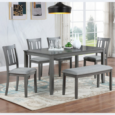 Ensemble de salle à manger de cuisine 6 pièces, table de salle à manger rectangulaire en bois avec 4 chaises rembourrées et un banc, ensemble de table de salle à manger pour 6 personnes, salon, bar et cuisine, gris