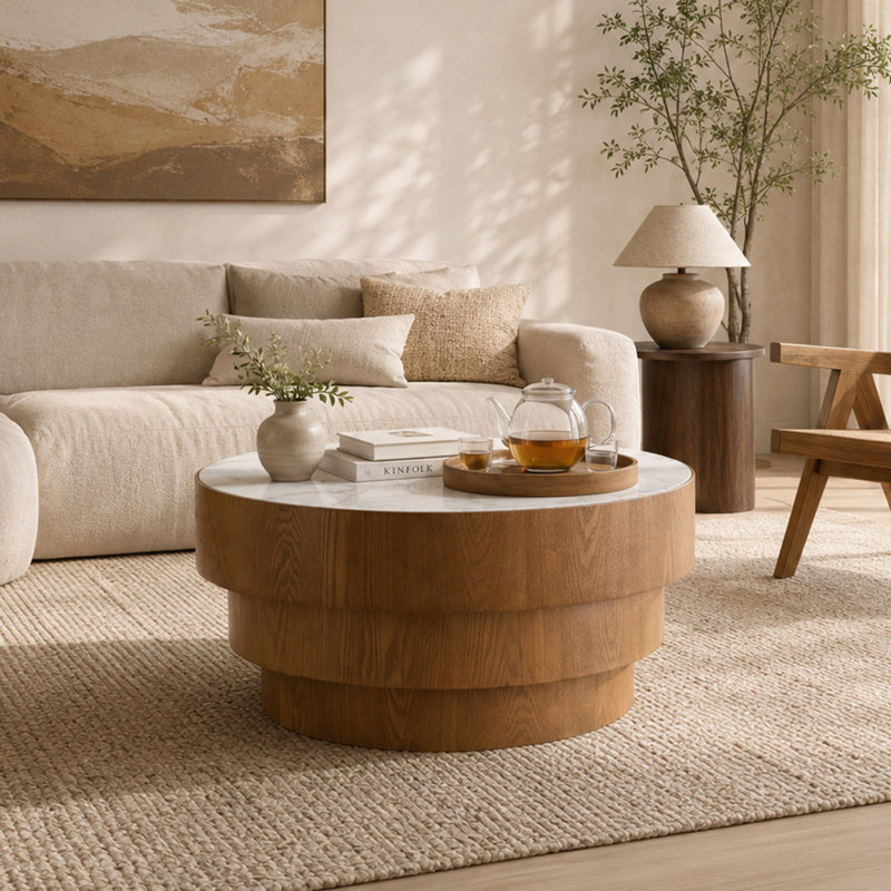 Table basse 31,5 "moderne, base en placage de bois aggloméré et plateau en bois aggloméré pour le salon, White