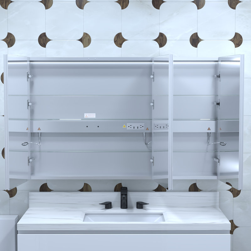 Pharmacie éclairée - Cadre en aluminium, à intensité variable / à DEL CCT, miroir anti-buée, horloge et thermomètre | Fixation en surface / encastrée, 2 prises + 2 prises USB, tablettes réglables, capteur de lumière intégré
