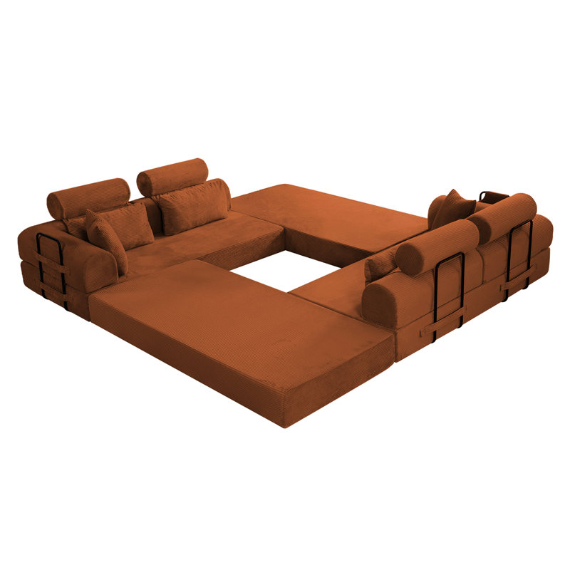 Moderne, orange, 4 places, velours côtelé, canapé modulaire en forme de L, pour un lit confortable, chambre à coucher, chambre familiale compressée, se transforme en espace compact,