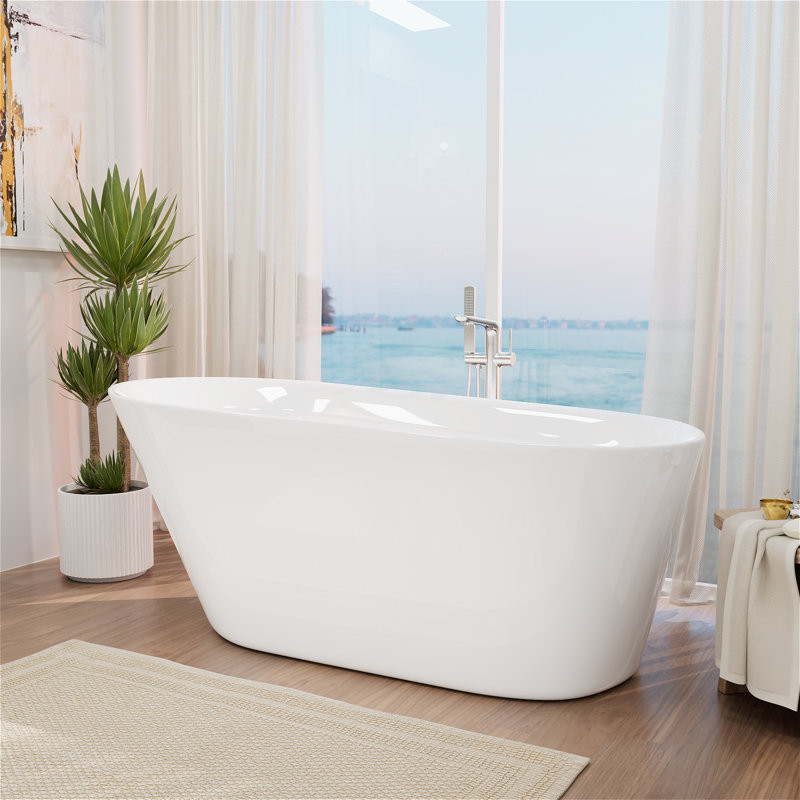 65"L x 30''W Freestanding Acrylic Slipper Soaking Bathtub, Chrome Drain & Pearl-Shaped Overflow, Modern Design for Luxury Bathrooms
