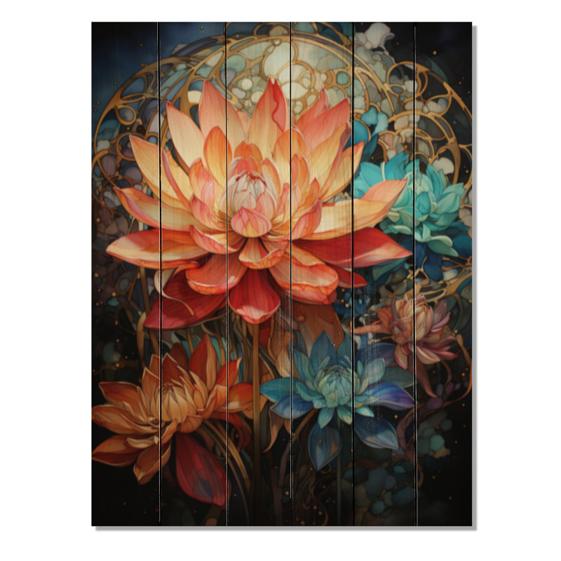 Mandala de lotus art bouddhiste orange turquoise sur bois, H 40 po x l 30 po x P 0,78 po