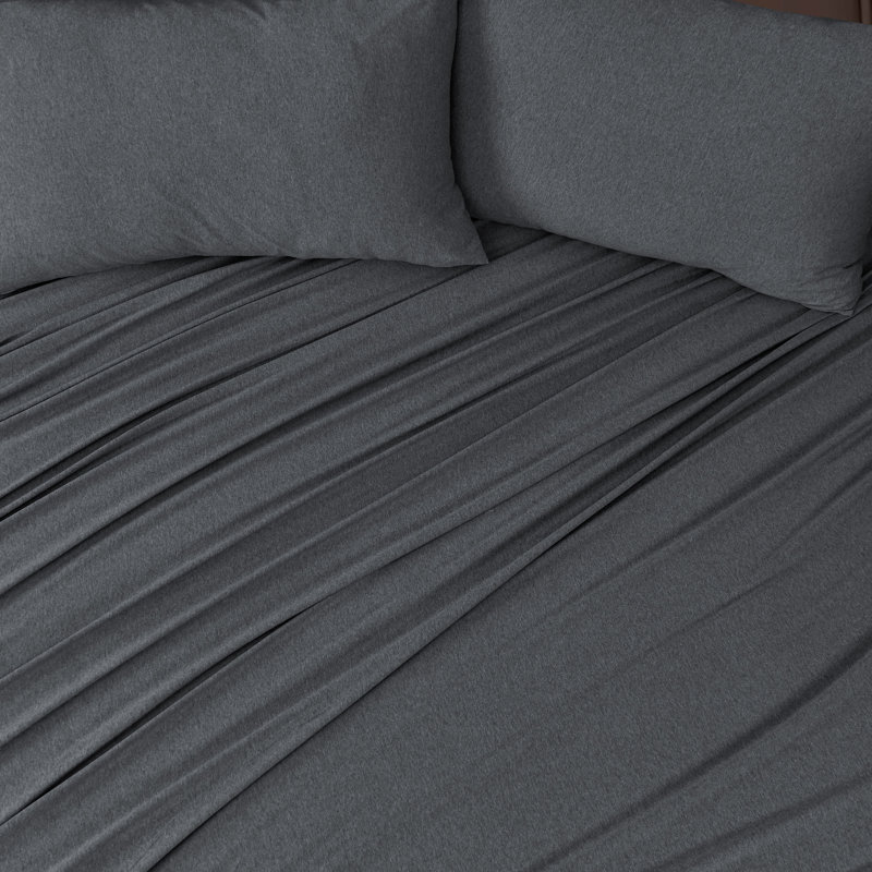 100% Cotton Jersey Knit Sheet Set, Queen Sheet Set + Fitted Sheet + 2 Pillowcase, Charcoal