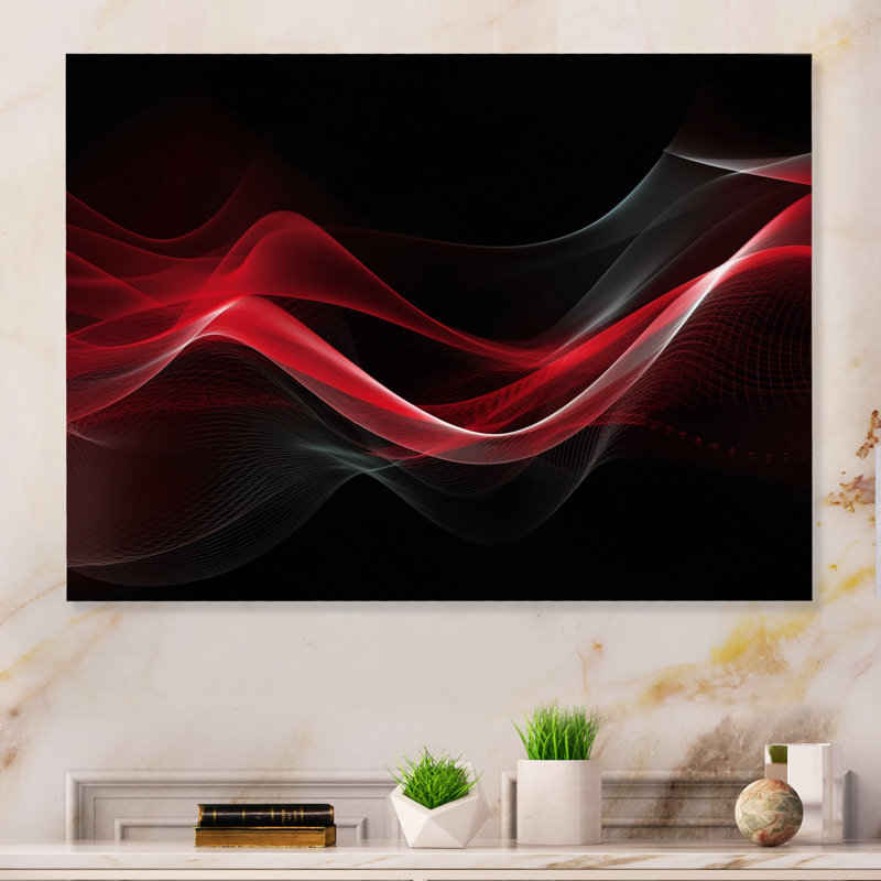 Abstraction contemplative rouge et noire III sur impression métallique, H 12 po x l 20 po x P 1 po