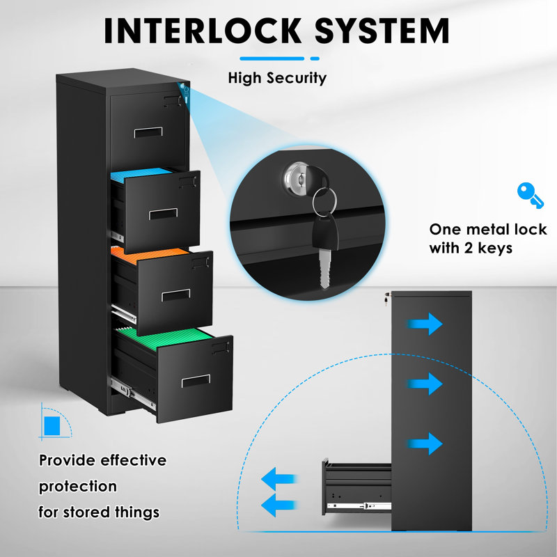 15'' Wide 4 Drawer Metal Vertical Storage File Cabinet with Lock, Black