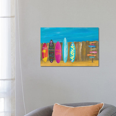 The Summer And Palms Surfboard Beach Wall by Markus & Martina Bleichner - Wrapped Canvas Print