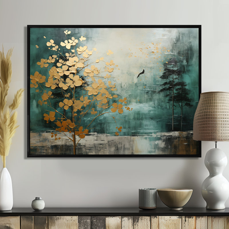 «Golden Emerald Forest - Abstract Spirals», art encadré, Cadre flottant noir, 34" H x 44" W