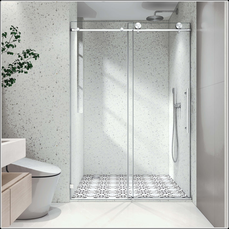 Une porte de douche fixe et une porte coulissante sans cadre avec verre trempé de 8 mm, fermeture douce réglable et Nano Easy-Clean