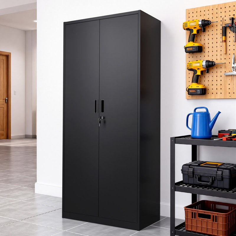 Armoire de rangement pour outils 70,8 po 2 portes en acier noir, Noir