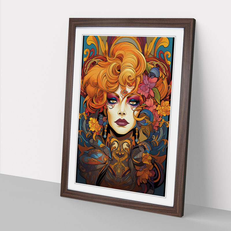 Drag Queen Nouveau - Single Picture Frame Print on Wood, 34" H x 25" W x 2" D, Walnut