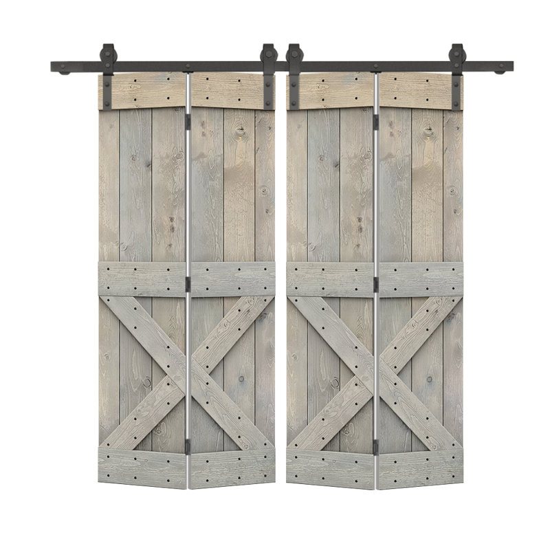 Porte de grange en bois 84 pliable avec trousse de quincaillerie d'installation, 48 po x 84 po, Gris fumée