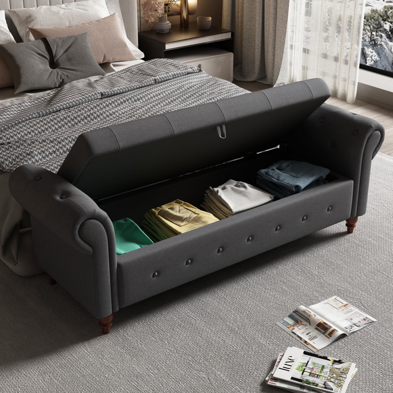 Banc de rangement Conring, banc de rangement rembourré avec repose-pieds, Gris foncé, H 24 po x l 63 po x P 22 po