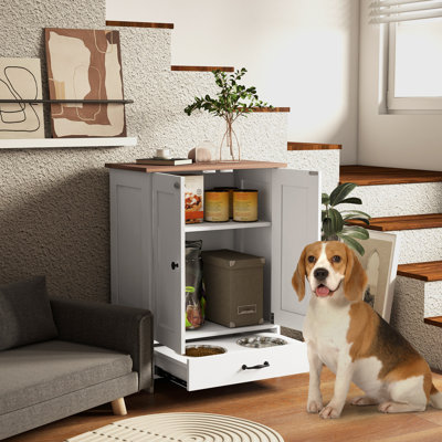 Dog Feeding Station & Food Storage Cabinet With Hidden Bowls, Adjustable Panel, Hooks, White, Medium Sized Dogs