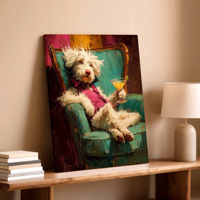Funny Dog With Cocktail Painting White Pup In Teal Canvas Wall Art Print, White Teal Funny Poster Artwork For Living Room Decor, Gallery Wall Accent, Modern Home Decor, Statement Wall Decor