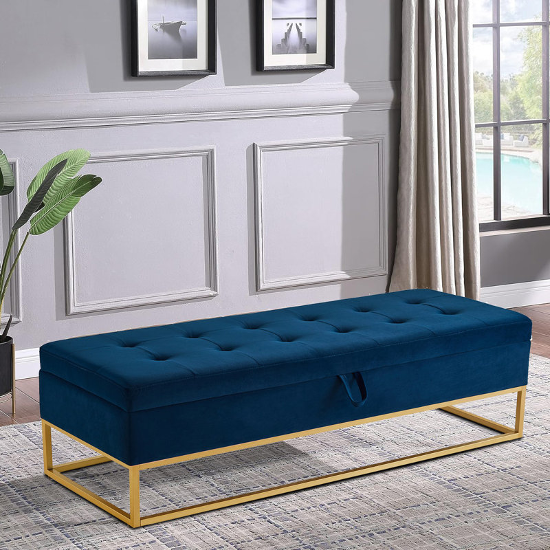 Maran Velvet Upholstered Storage Bench, Navy Blue