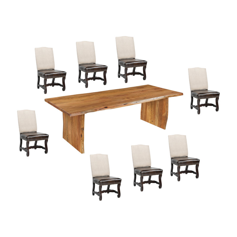 9-Piece Live Edge Solid Wood Dining Set, Brown, Beige/Dark Brown
