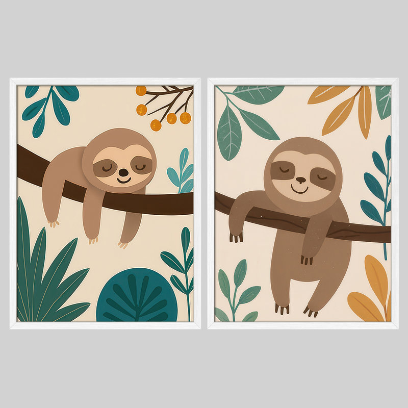 «Sleepy Sloth», ensemble d'art mural encadré de 2 paresseux, H 16 po x l 12 po, Blanc