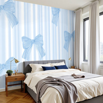 Peel and Stick Wallpaper 96" W x 69" H Modern Self Adhesive Wall Mural for Bedroom blue bows striped ribbon girly cute