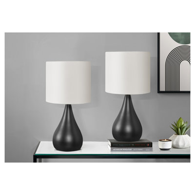 Lampe de table, éclairage, ensemble de 2, H 18 po, métal noir, abat-jour ivoire / crème, contemporain